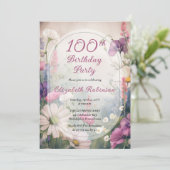 エレガントモード|100歳の誕生日パーティーの華やかな花々 招待状 (スタンド正面)
