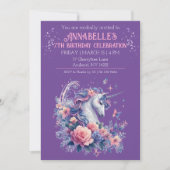 エレガントユニコーンかわいらしピンクパープルガールズ誕生日 招待状 (正面)