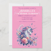 エレガントユニコーンかわいらしピンクパープルガールズ誕生日 招待状 (正面)