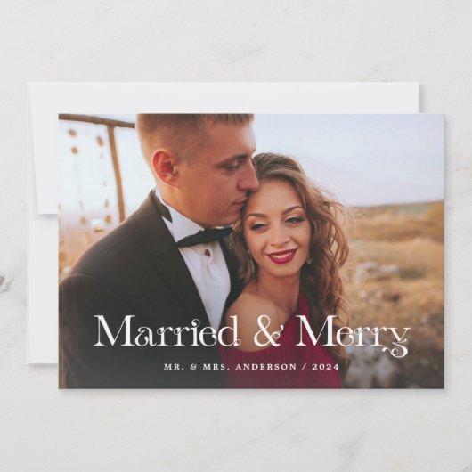 エレガントユニーク文字 | 2枚の写真結婚したとメリー シーズンカード (正面)