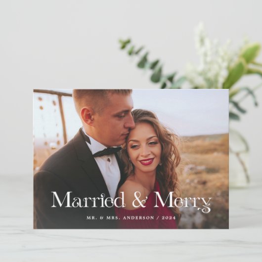 エレガントユニーク文字 | 2枚の写真結婚したとメリー シーズンカード (スタンド正面)