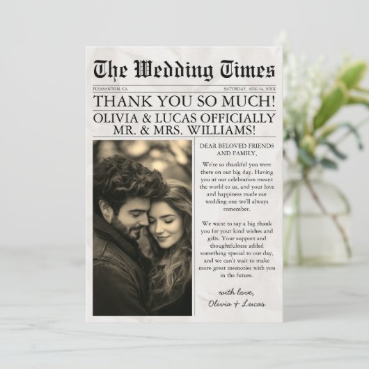 エレガントユニーク新聞結婚写真 サンキューカード (スタンド正面)