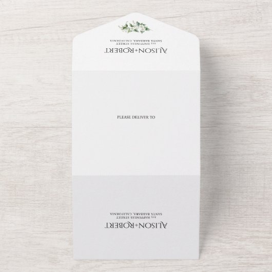 エレガントユーカリと白結婚花 オールインワン招待状 (外側)