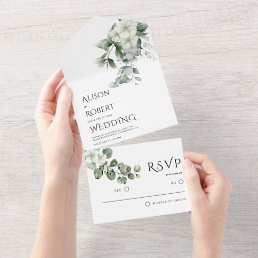 エレガントユーカリと白結婚花 オールインワン招待状 (貼ってはがせる)