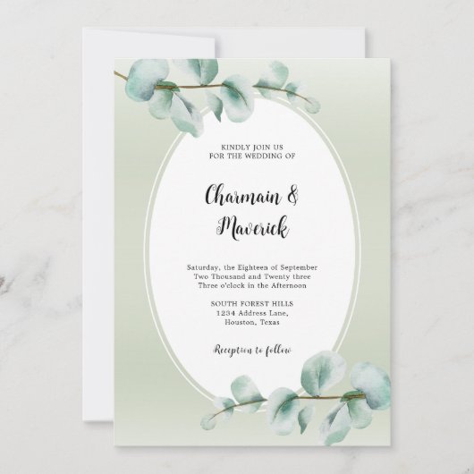 エレガントユーカリの葉の緑の写真結婚の 招待状 (正面)