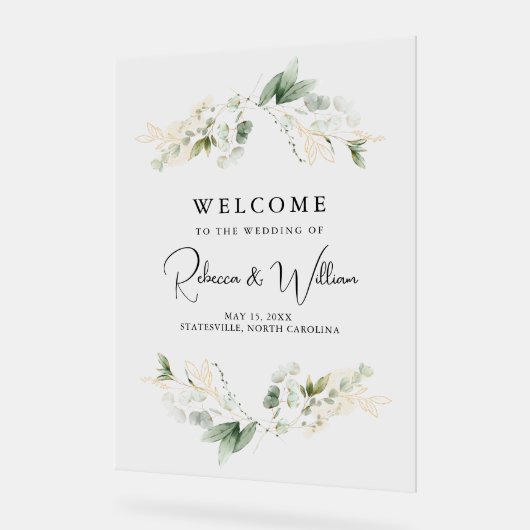 エレガントユーカリの葉結婚の歓迎 アクリルサイン (傾斜)