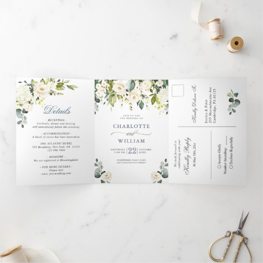 エレガントユーカリアイボリーホワイトローズ結婚ズ 三つ折り招待状 (内部)