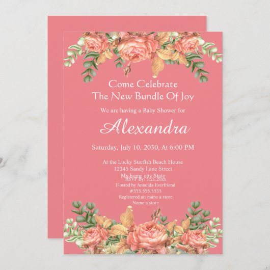 エレガントユーカリフローラピーチコーラルベビーシャワー (正面/裏面)