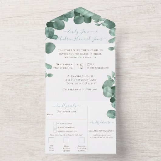 エレガントユーカリリース結婚の全てを一つにまとめる オールインワン招待状 (内側)