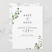 エレガントユーカリ植物大理石結婚の セーブザデート (正面/裏面)