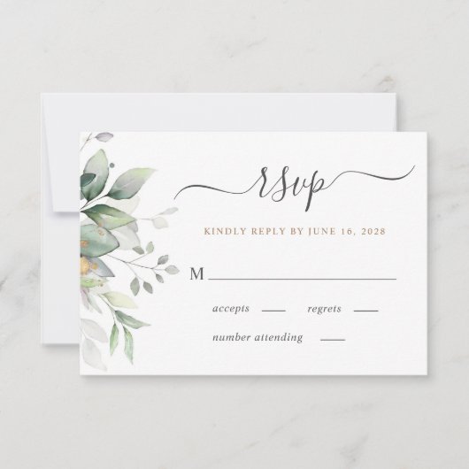 エレガントユーカリ水彩緑結婚草 出欠カード (正面)