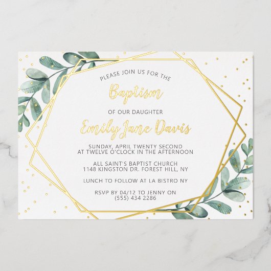 エレガントユーカリ洗礼又は《キリスト教》洗礼式や命名式実在 箔招待状 (正面)