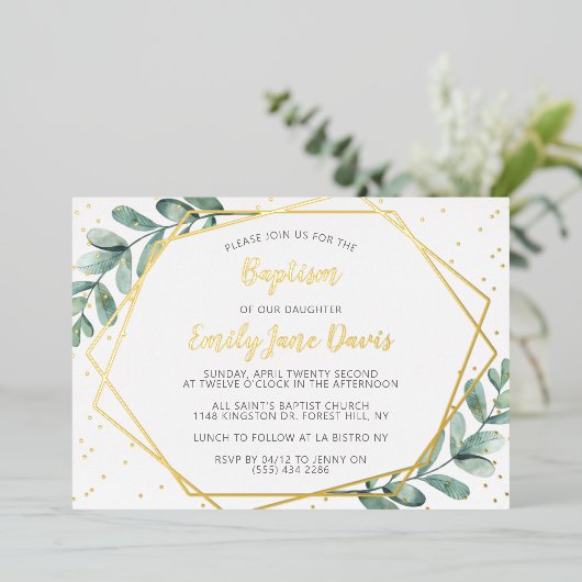 エレガントユーカリ洗礼又は《キリスト教》洗礼式や命名式実在 箔招待状 (立ち正面)
