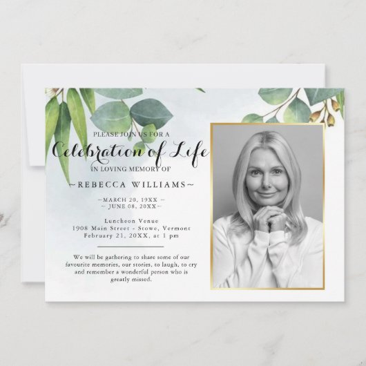 エレガントユーカリ生命の写真お祝い 招待状 (正面)