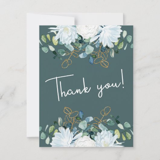 エレガントユーカリ白い花結婚写真 サンキューカード (正面)