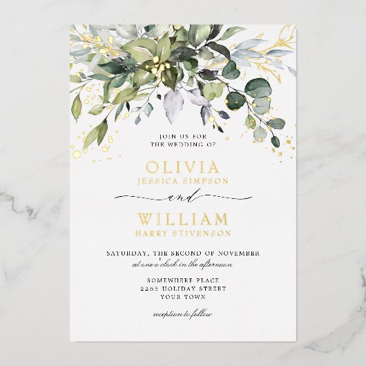 エレガントユーカリ結婚グリネリー金ゴールド 箔招待状 (正面)