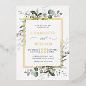 エレガントユーカリ結婚グリーンリー金箔インビ 箔招待状 (正面)