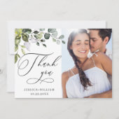 エレガントユーカリ緑の写真結婚の サンキューカード (正面)