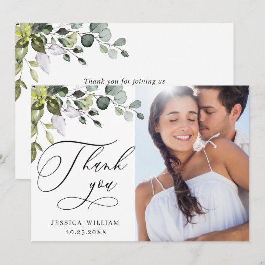 エレガントユーカリ緑の写真結婚の サンキューカード (正面/裏面)