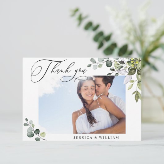 エレガントユーカリ緑の写真結婚の サンキューカード (スタンド正面)