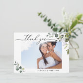 エレガントユーカリ緑の写真結婚の サンキューカード (スタンド正面)