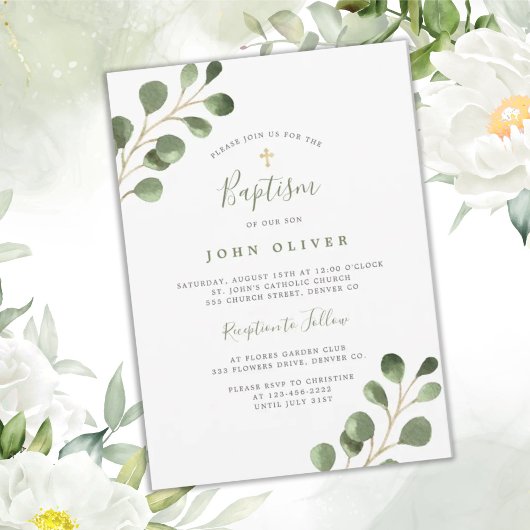 エレガントユーカリ緑の金ゴールドがバプテスマを越える 招待状