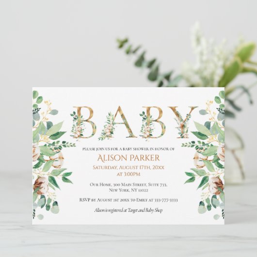 エレガントユーカリ緑の金ゴールドアルファベット 招待状 (スタンド正面)