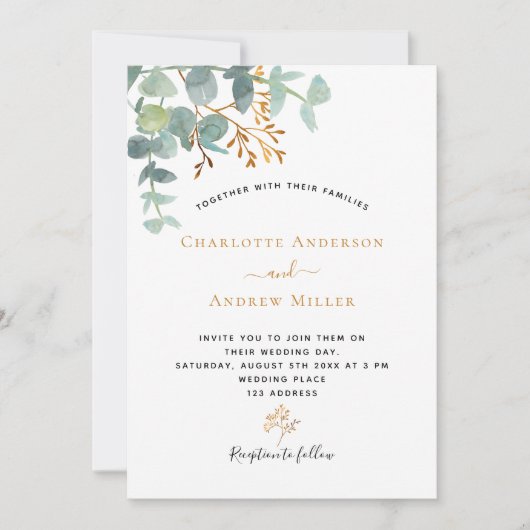 エレガントユーカリ緑金ゴールドモダン結婚類 招待状 (正面)