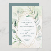 エレガントユーカリ緑金ゴールド幾何結婚物 招待状 (正面/裏面)