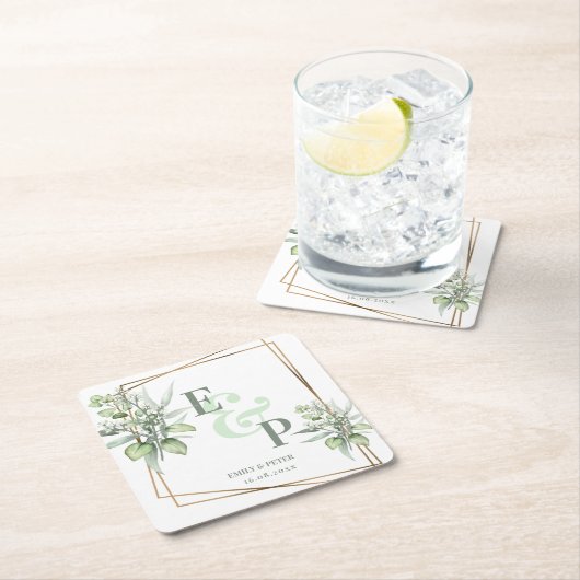 エレガントユーカリ葉グリーウェディングパーティー スクエアペーパーコースター (インサイチュ)