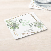 エレガントユーカリ葉グリーウェディングパーティー スクエアペーパーコースター (アングル)