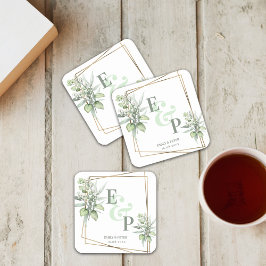 エレガントユーカリ葉グリーウェディングパーティー スクエアペーパーコースター