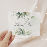 エレガントユーカリ葉スゲネリー金ゴールド結婚ズ サンキューカード<br><div class="desc">水色結婚ユーカリと金ゴールドを特徴とする美しい葉のサンキューカード。春や夏の結婚式に最適。</div>