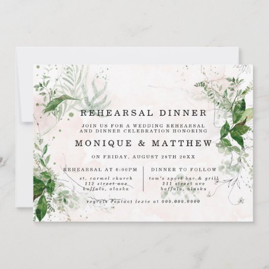 エレガントユーカリ葉ピンクリハーサルディナー 招待状 (正面)