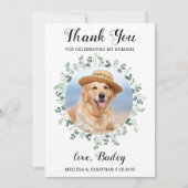 エレガントユーカリ葉ペットフォトドッグ結婚ズ サンキューカード (正面)