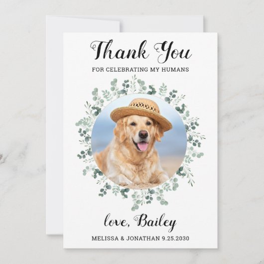 エレガントユーカリ葉ペットフォトドッグ結婚ズ サンキューカード (正面)