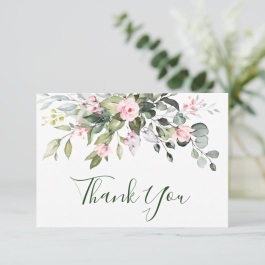 エレガントユーカリ赤面ピンクローズフローラズ結婚 サンキューカード (スタンド正面)