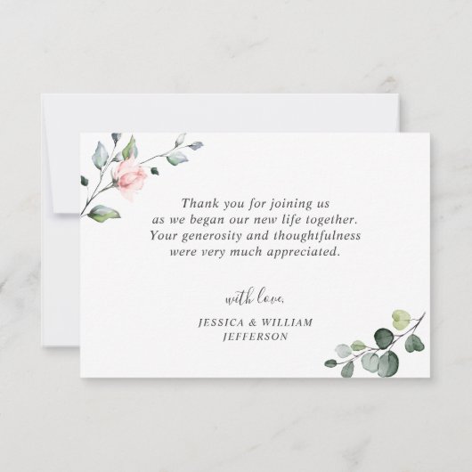 エレガントユーカリ赤面ピンクローズフローラズ結婚 サンキューカード (裏面)
