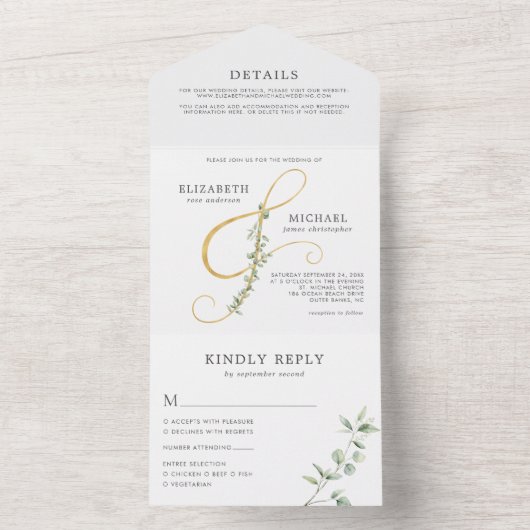 エレガントユーカリ金ゴールドアンパ結婚サンド オールインワン招待状 (内側)