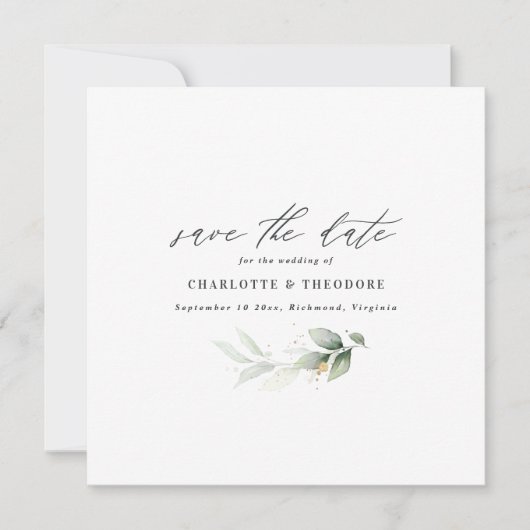 エレガントユーカリ金ゴールド植物計結婚算 案内状 (正面)