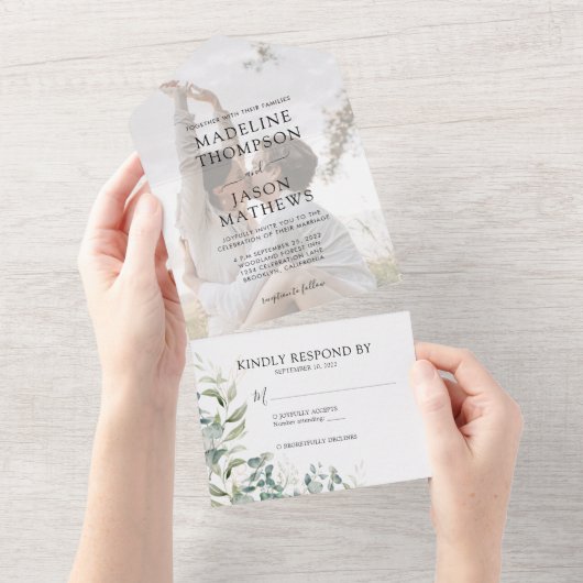 エレガントユーカリ金ゴールド緑化写真結婚の オールインワン招待状 (貼ってはがせる)