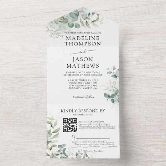 エレガントユーカリ金ゴールド緑化QRコード結婚ズ オールインワン招待状 (内側)