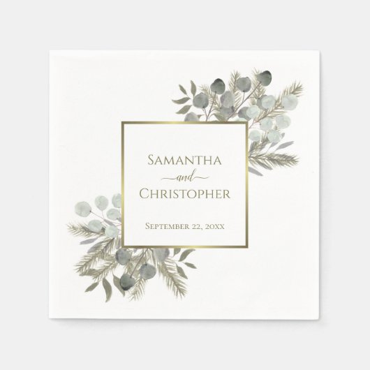 エレガントユーカリ&パイン金ゴールド&セージ結婚ズ スタンダードカクテルナプキン (正面)