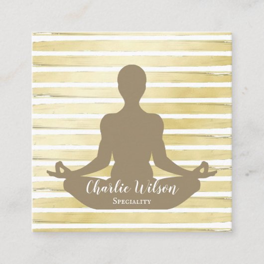 エレガントヨガ白セピア茶色金ゴールド絵を描ストライプの スクエア名刺 (正面)