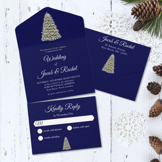 エレガントライトクリスマスツリー真夜中のブルー結婚ズ オールインワン招待状