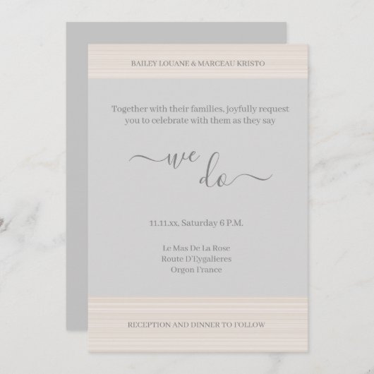 エレガントライトグレイ我々木目ストライプの結婚 招待状 (正面/裏面)