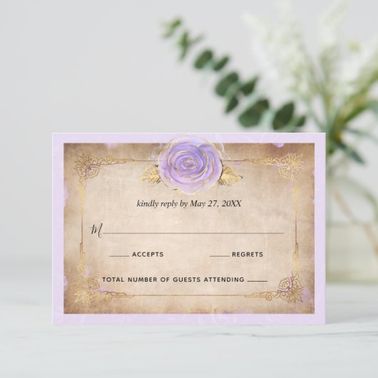 エレガントライトパープルと金ゴールドバラ羊皮紙 出欠カード (スタンド正面)
