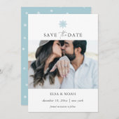 エレガントライトブルーのスノーフレーク結婚写真 セーブザデート (正面/裏面)