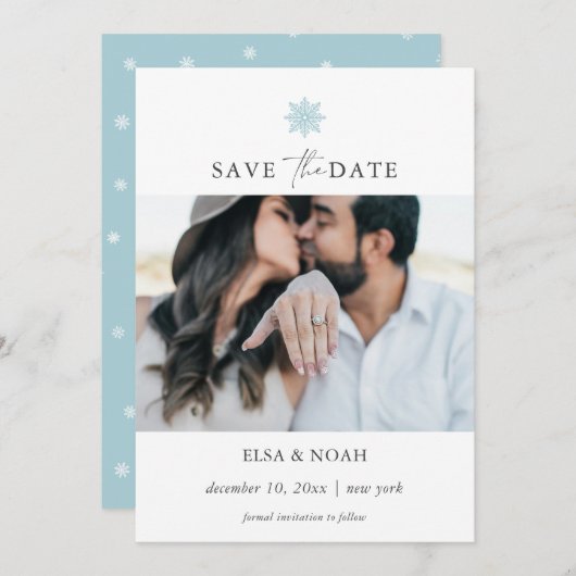 エレガントライトブルーのスノーフレーク結婚写真 セーブザデート (正面/裏面)