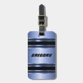 エレガントライトブルーのフェイク金属ストライプ製 ラゲッジタグ (正面縦)